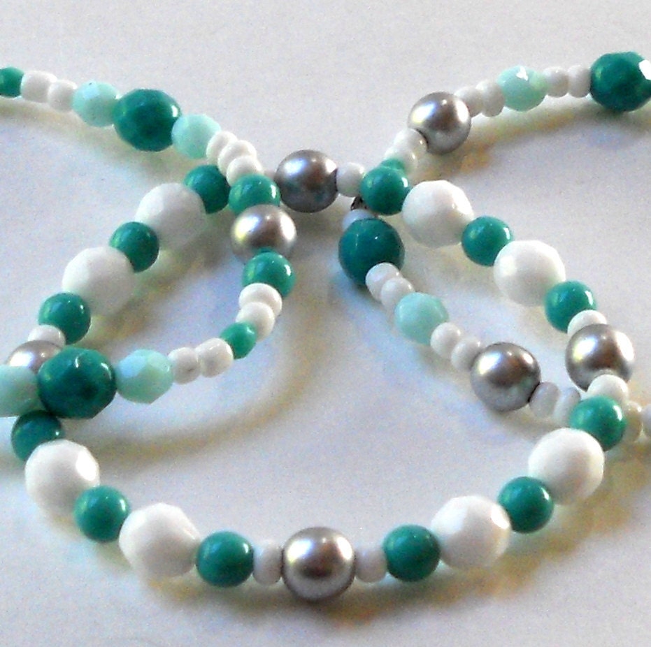 Turquoise Green Set of 3 Bracelets Stacking Bangles Opaque White Matte Silver Summer Vacation Resort Cruise Czech Beaded Fashion Jewelry