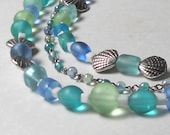 Sea Glass Statement Necklace 3 Strand Beaded Aqua Green Blue Silver Summer Resort Cruise Ocean Water Cool Shell Seashell Fashion Jewelry
