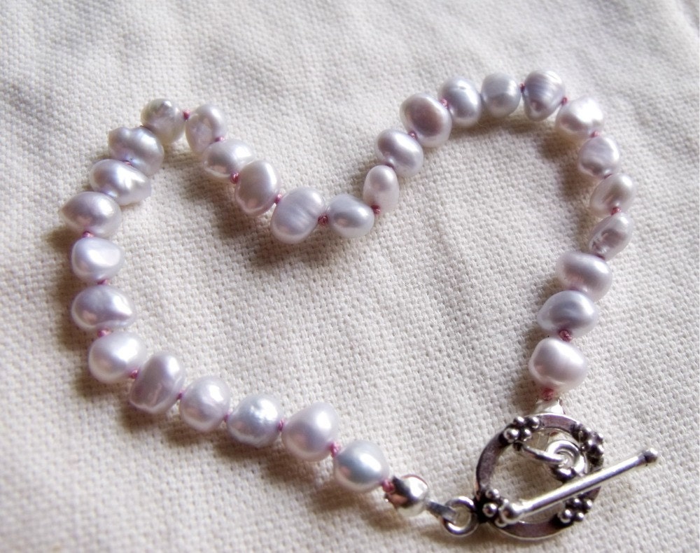 SALE - Silver Pearl Bracelet - Hand Knotted Pink Silk - Tiny Silvery Grey Baroque Pearls Sterling Silver - Size Medium Large