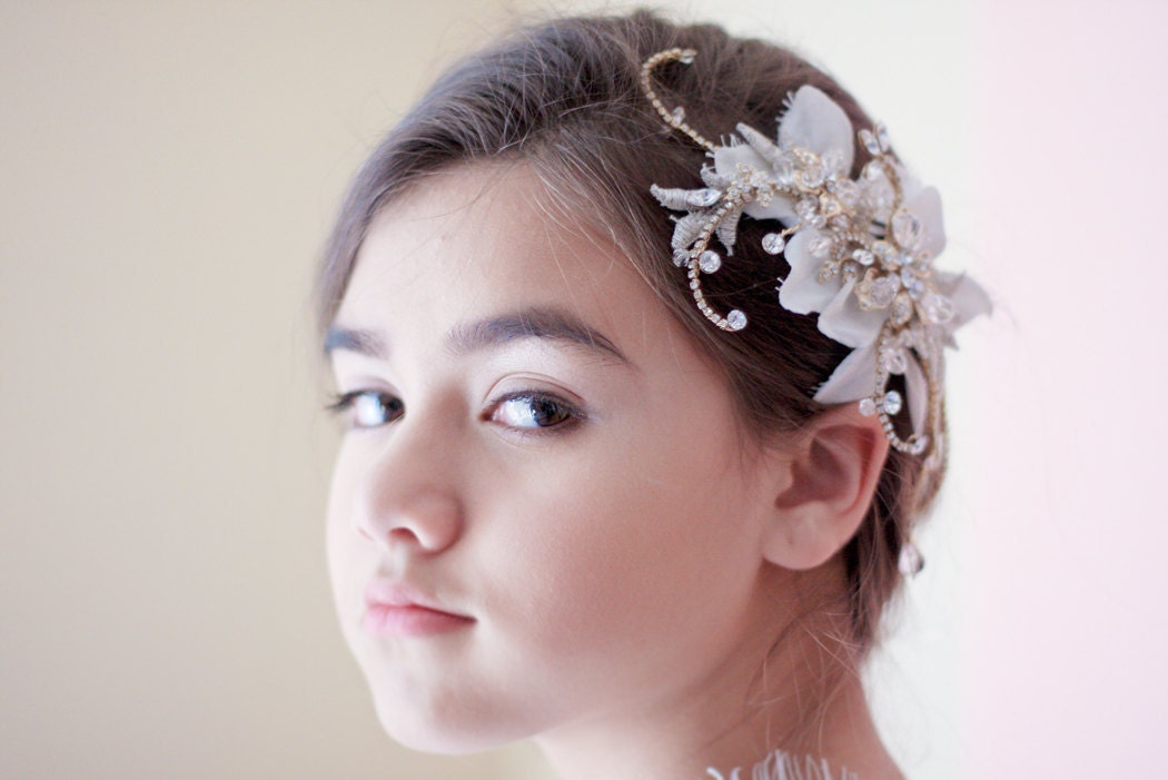 Rhinestone Hair comb - Gold Petunia Shaped Floral Encrusted with Swarovski crystals  / Gold