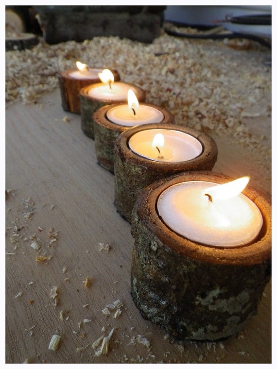 Oak bark tea light candle holder set of 5