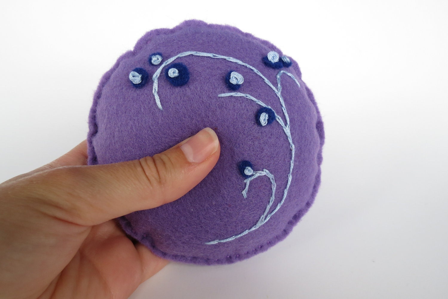 Pincushion - Simple berries on purple recycled felt pin cushion- handmade pin cushion