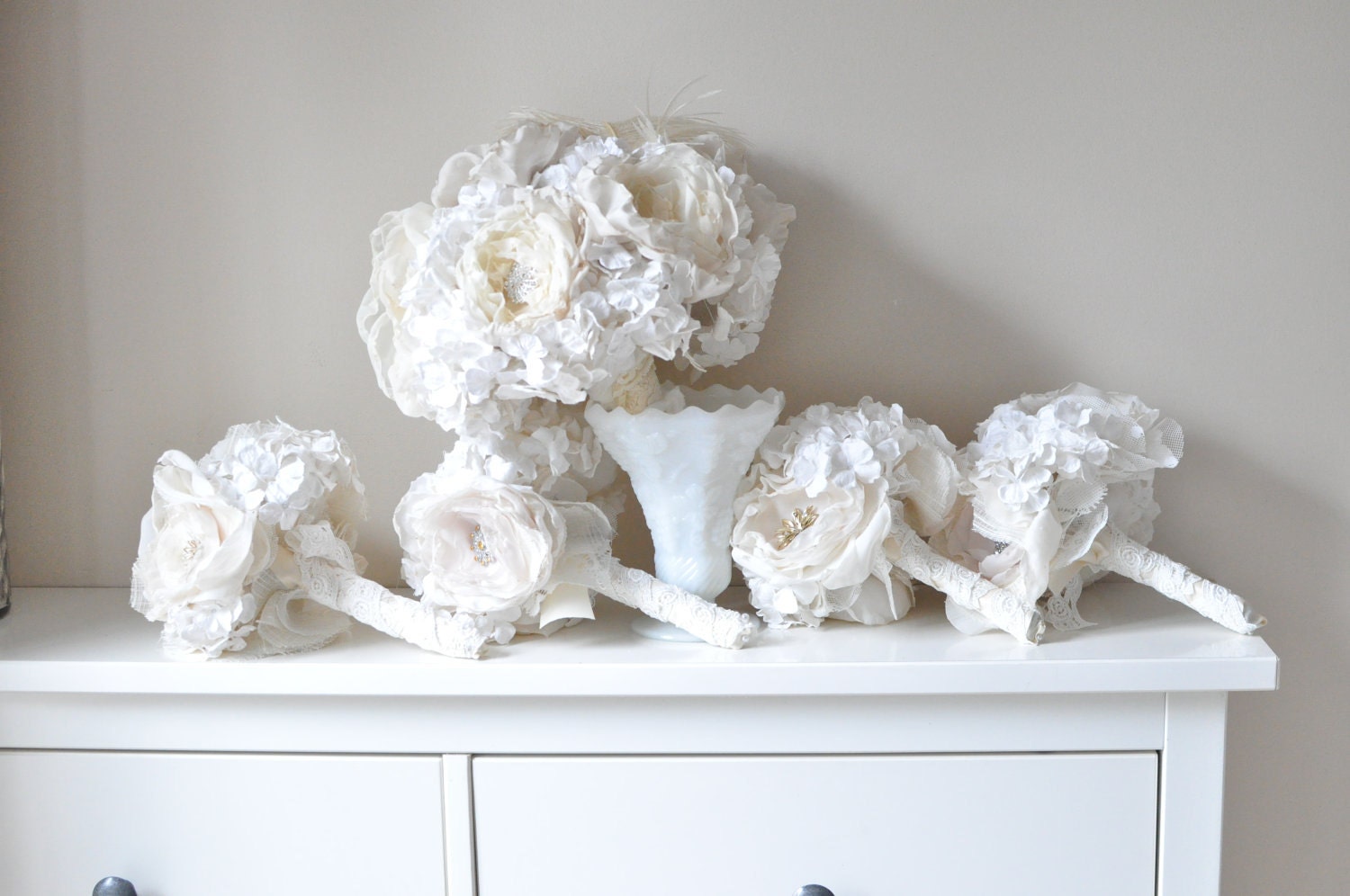 Eco bouquets Vintage style shabby chic paper flower wedding bouquet, soft cream fabric brooch flowers