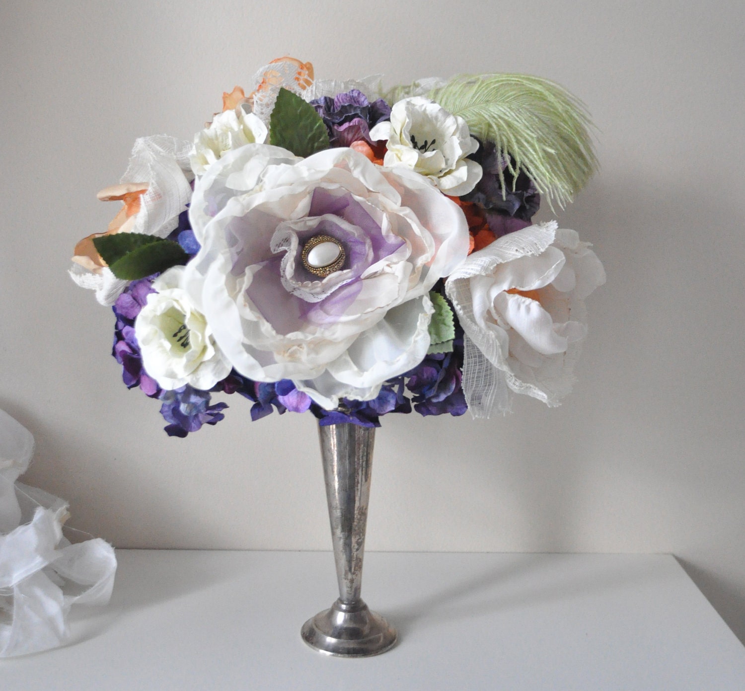 colourful fall purple, orange and moss paper and fabric flower bouquet