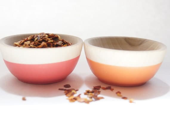 Wooden Mini Bowl Set of Two: Dark Pink and Orange