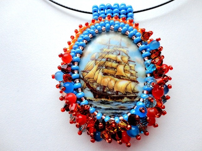 Beadwork Blue Orange Pendant, Ship Necklace, Porcelain Cameo, Cat Eye Beads, Romantic Pendant, Vintage style, handmade, OOAK, Ready to ship