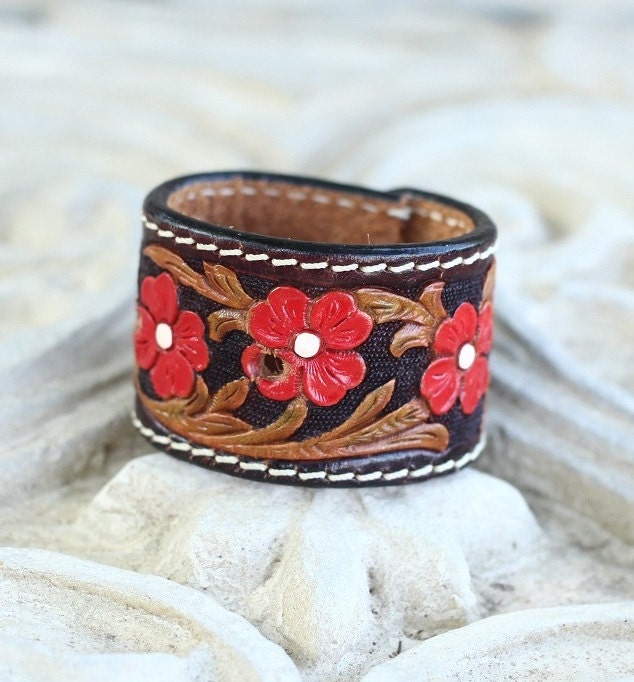 Girls Black & Brown Leather Tooled Cuff with Red Flowers