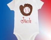 Onesie Bodysuit Baby Shirt - Personalized Applique - Baseball and Glove - Embroidered Short or Long Sleeved