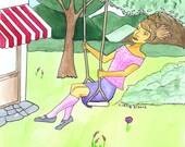 girl on a swing, 8x10 inch water color illustration print on paper. nursery room wall décor for baby shower