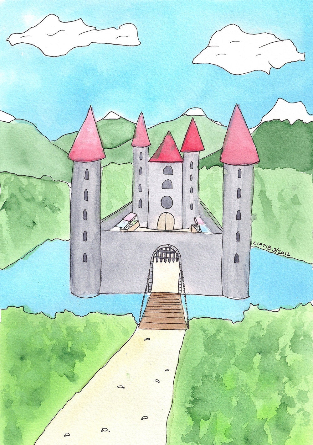 castle in the lake, 8x10 inch water color illustration print on paper. nursery room wall décor for baby shower