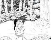 waterfall love, 8x10 inch balck and white ink illustration print on paper. teenage room wall décor good as Valentine gift