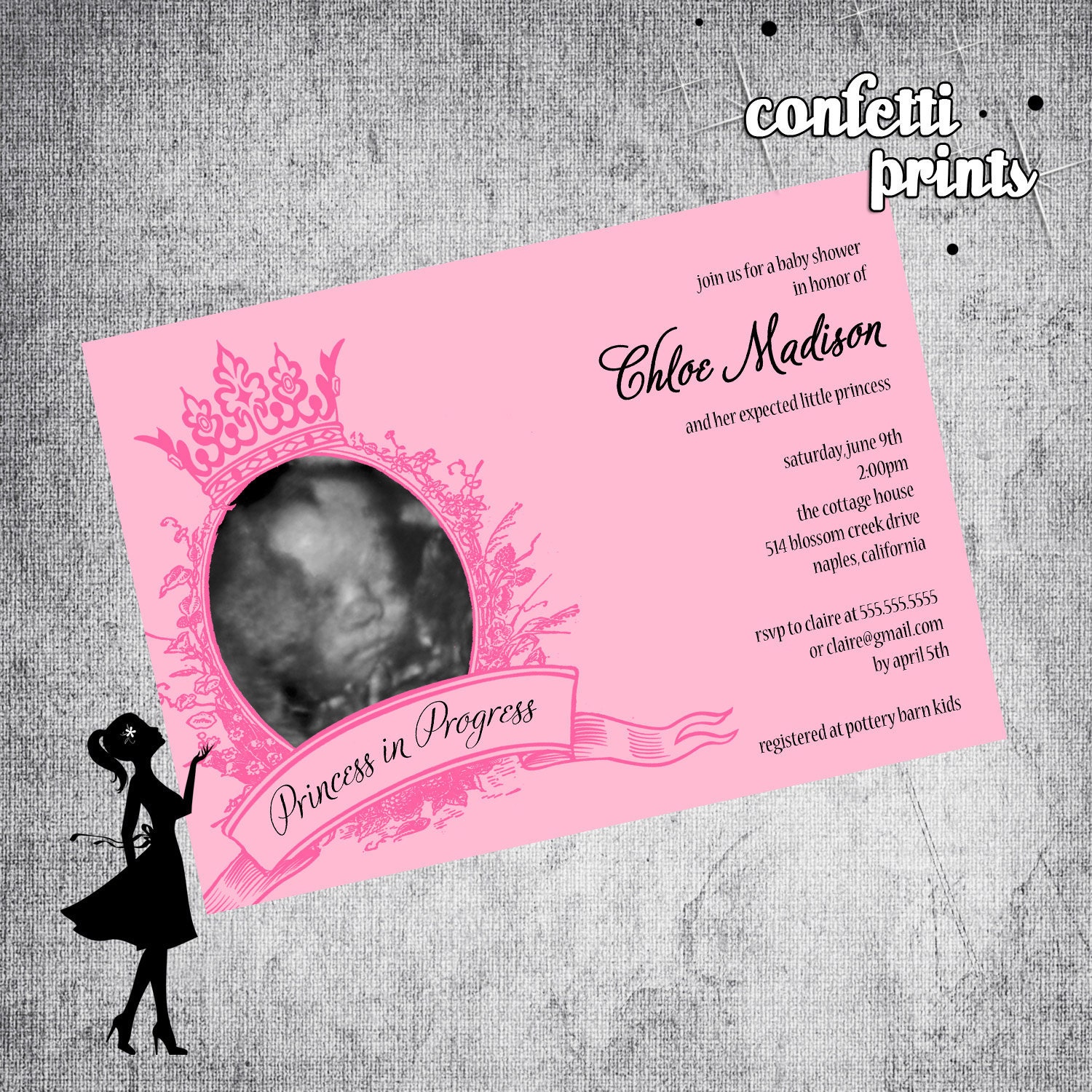 Baby Shower Invitation / Ultrasound Photo Card - PRINCESS IN PROGRESS Printable