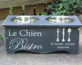 elevated dog feeder, shabby chic, 10 inches tall, 3 quart stainless steel bowls, hand painted and distressed