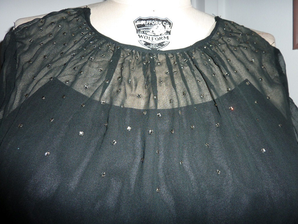 Dreamy 60's long sleeved illusion silk chiffon little black dress with rhinestones