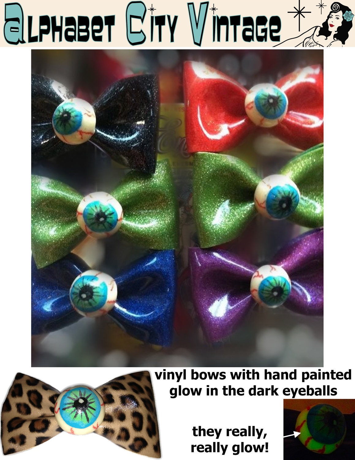 Hand painted glow in the dark eyeball hair clip on a shiny vinyl bow