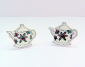 Teapot Flower earring, small shrink plastic,  hand illustrated floral tea studs.