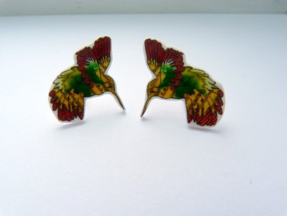 Humming Bird earring - shrink plastic studs  - hand illustrated