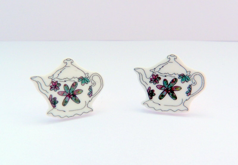 Teapot Flower earring, small shrink plastic,  hand illustrated floral tea studs.