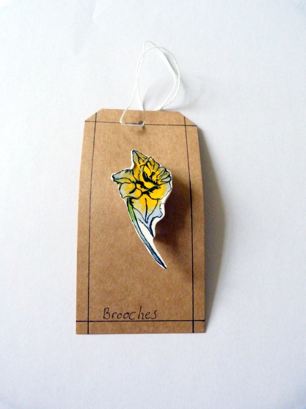 daffodils plastic brooch - Spring flowers, yellow and green, watercolour Illustration, shrink plastic