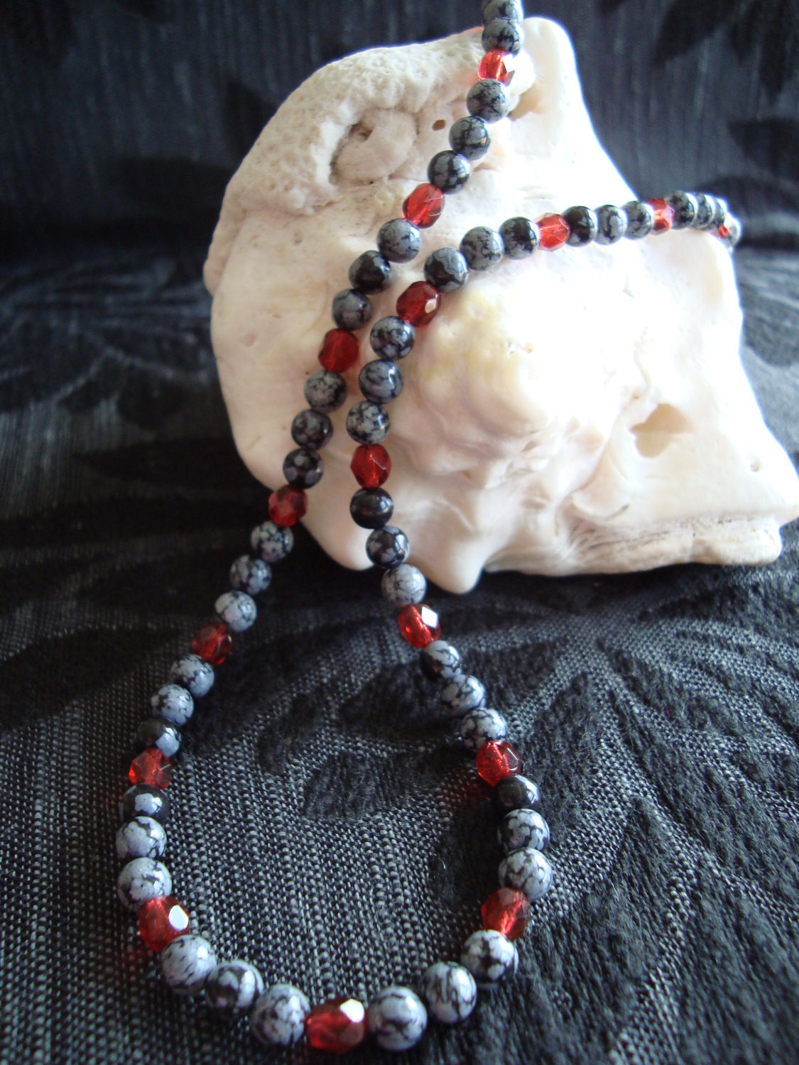 Snowflake Obsidian with Faceted Red Beads Necklace