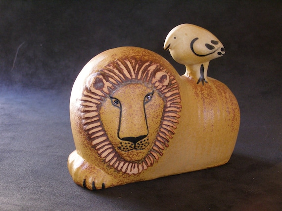 Reserved for Kowal Signed Lisa Larson Ceramic Lion with Bird for Gustavsberg Sweden, a Vintage Swedish Mid Century Design ABL-088