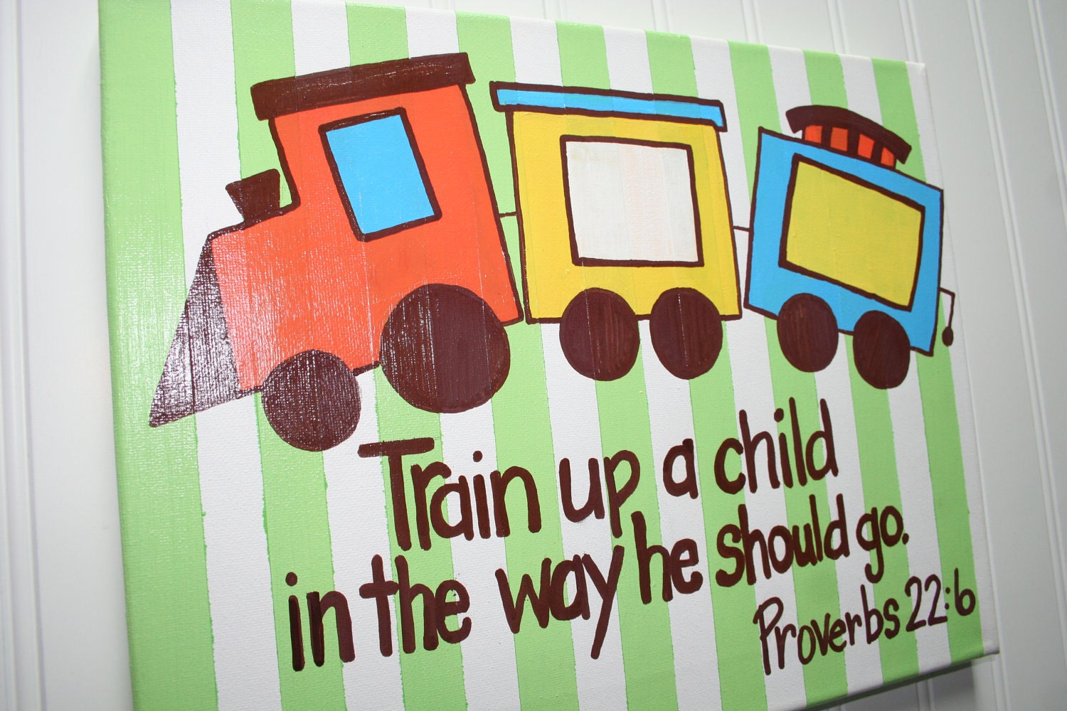Train up a child, Proverbs 22:6, custom Bible Verse wall art painting 16x20, boy's nursery or bedroom, baby dedication or christening gift