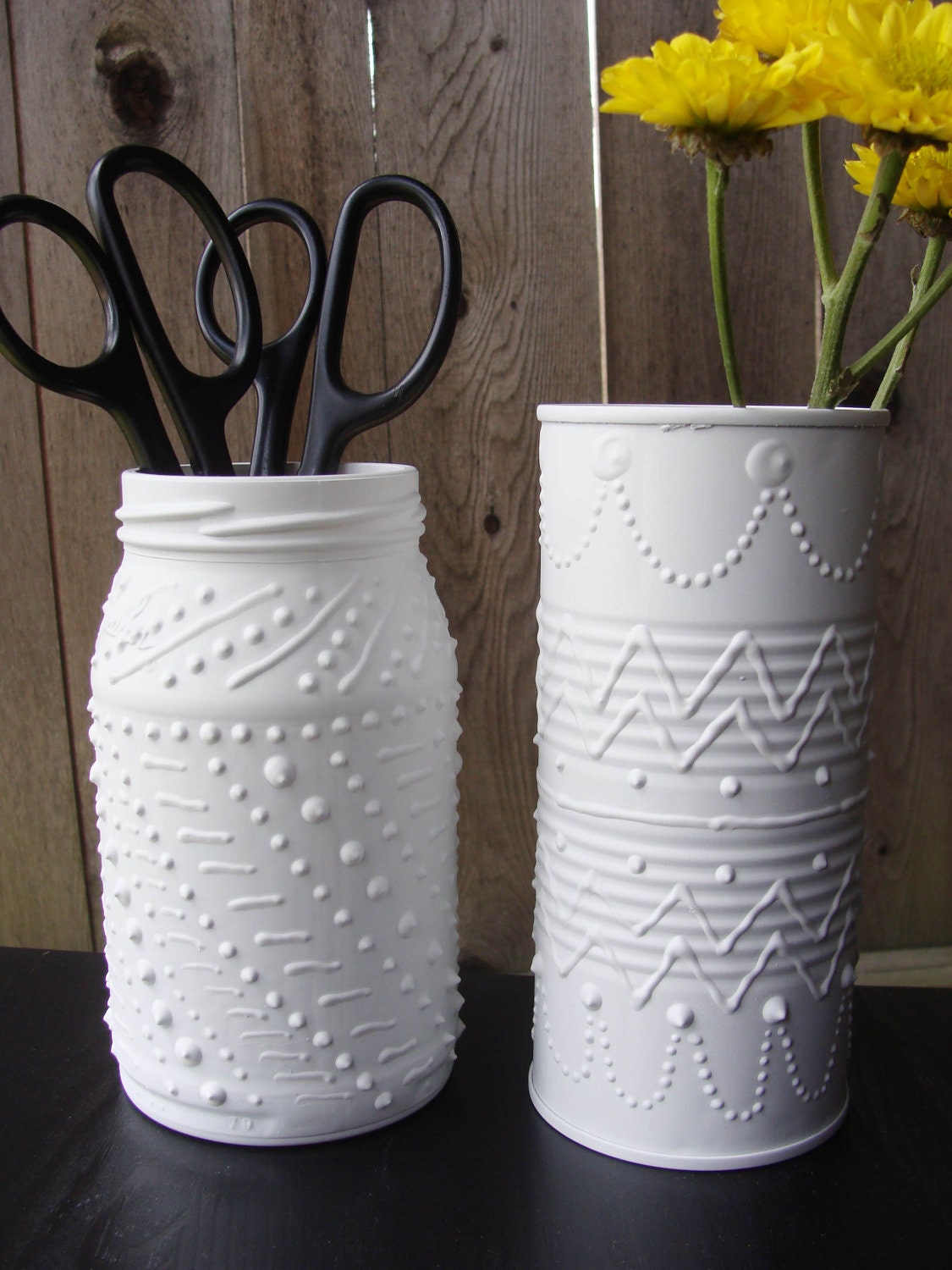 2 Upcycled Containers - White Faux Porcelain Pottery