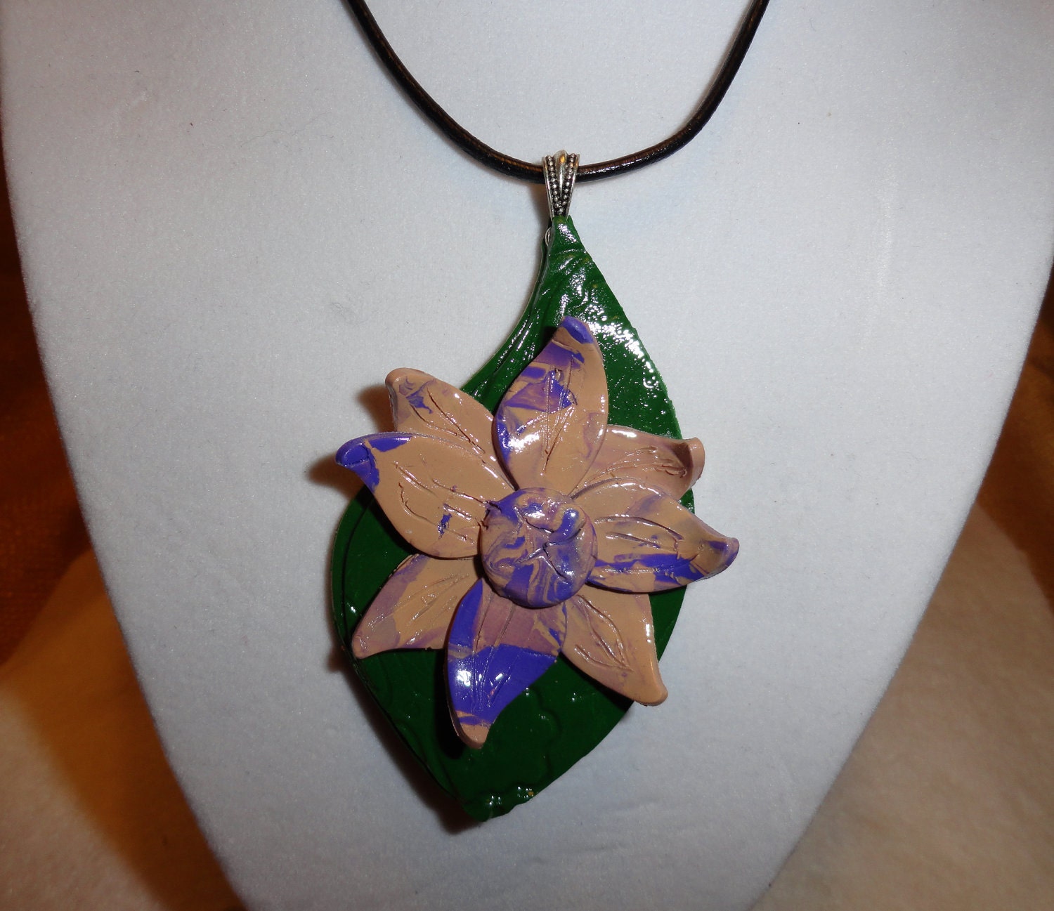 Large flower necklace on a leather cord , Statement necklace, Fall jewelry