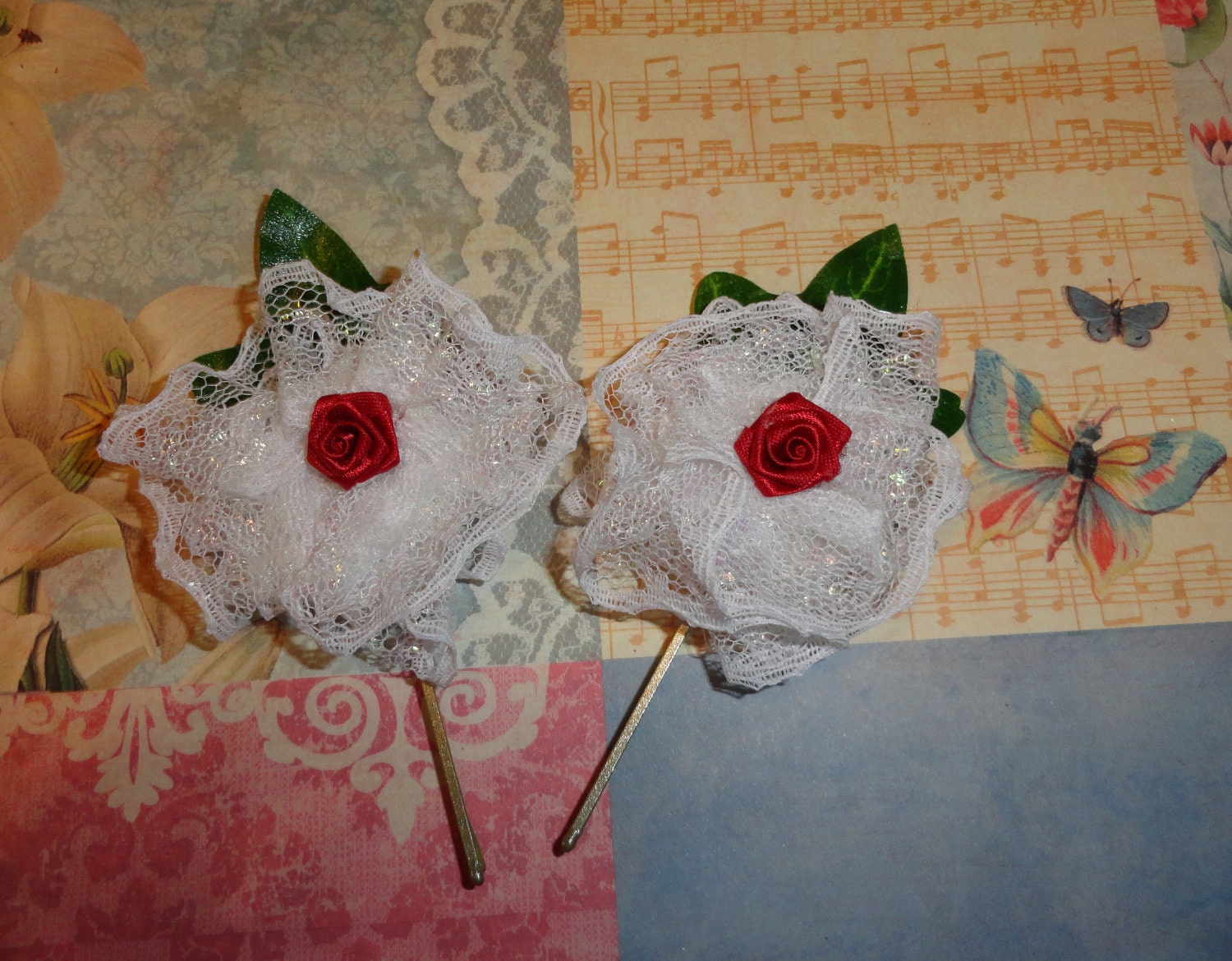 White sparkle flower,  red rose bobby pin,  hair accessories,  set of 2