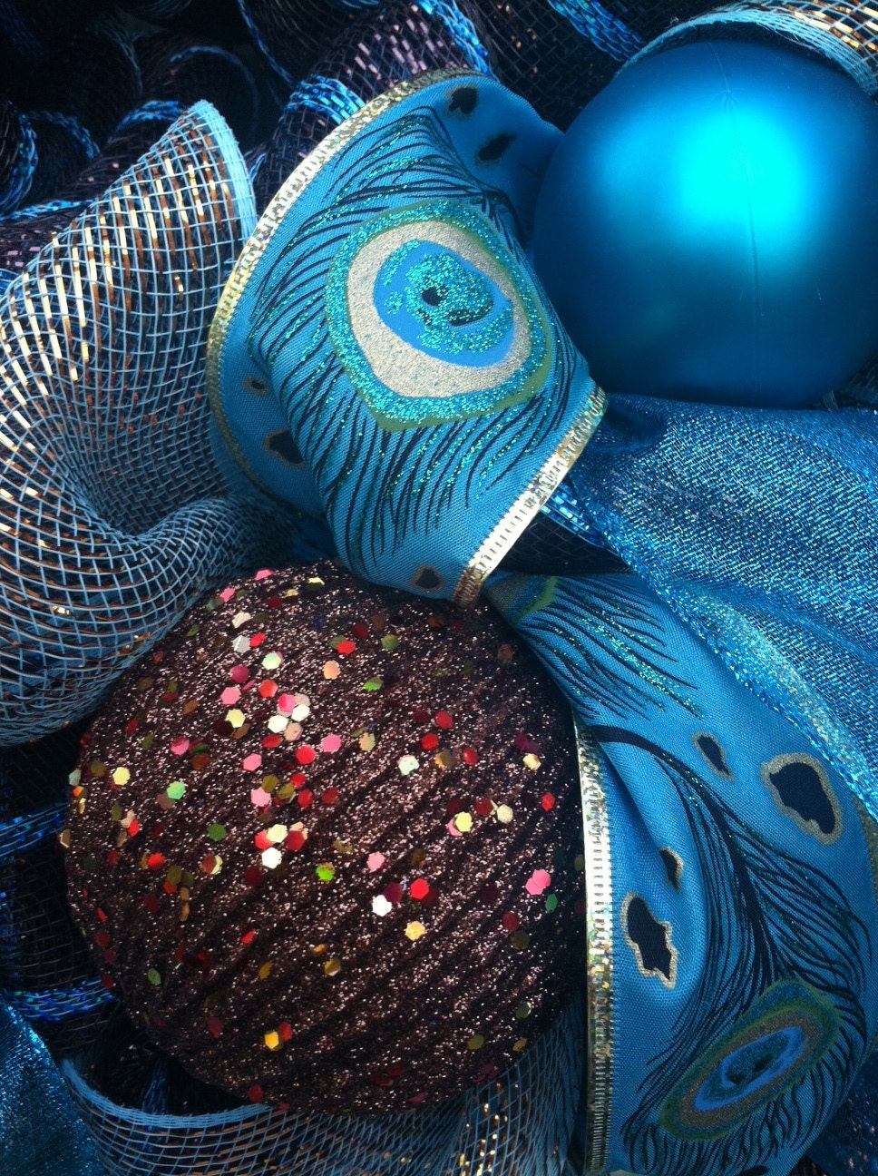 CLEARANCE Turquoise Peacock Winter deco mesh Wreath