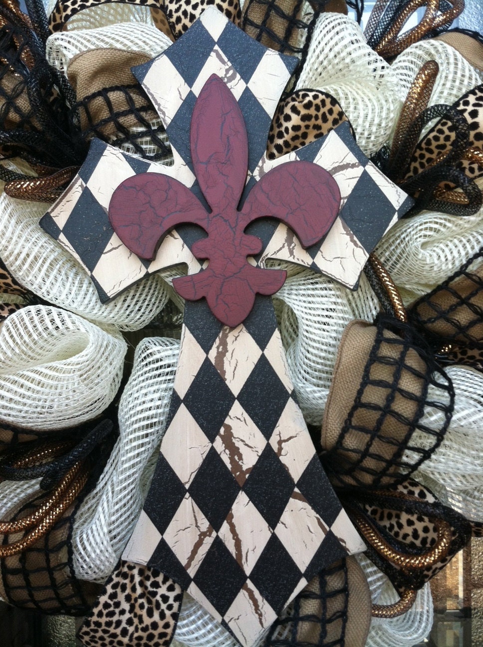 Cream Burlap and Black Cross deco mesh Wreath
