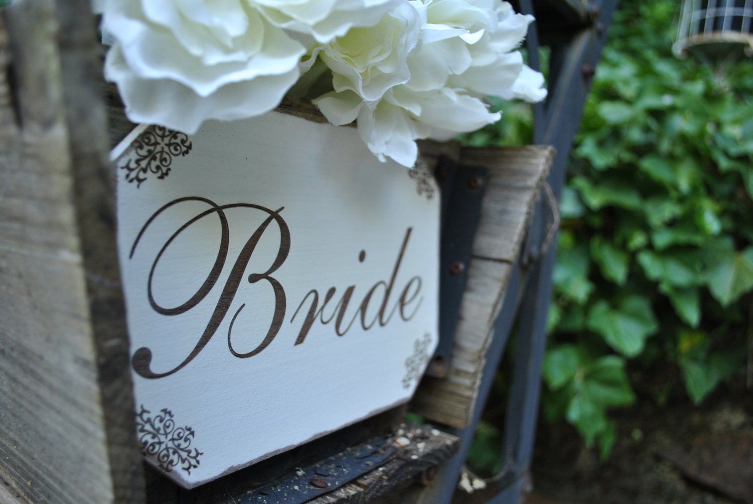 Vintage inspired hand painted engraved wood "Bride" sign with engraved decals.