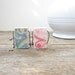 Rustic, woodland floral style print wood pendant 1" x 1.5", on 18" or 30" chain. Reversible, hand finished, pink, cream, blue, yellow.
