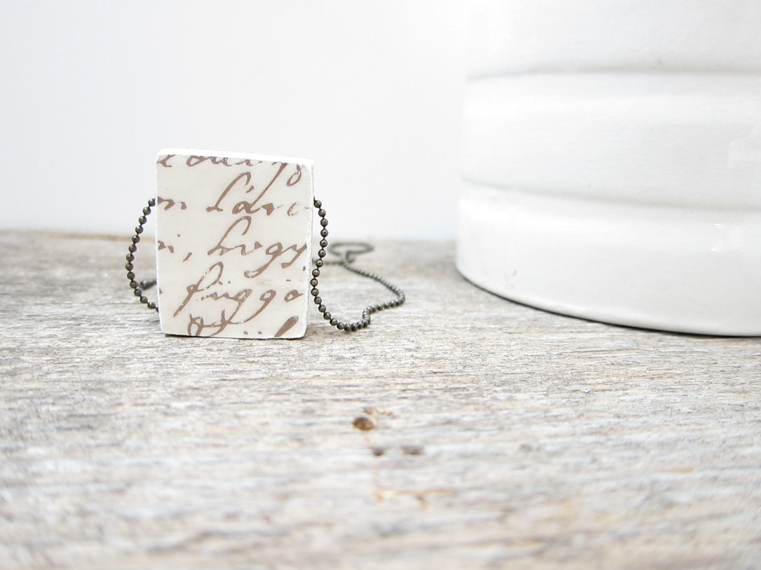 Rustic woodland style wood pendant 1"x1", on 18" chain.  Reversible, hand finished, lime green, brown.
