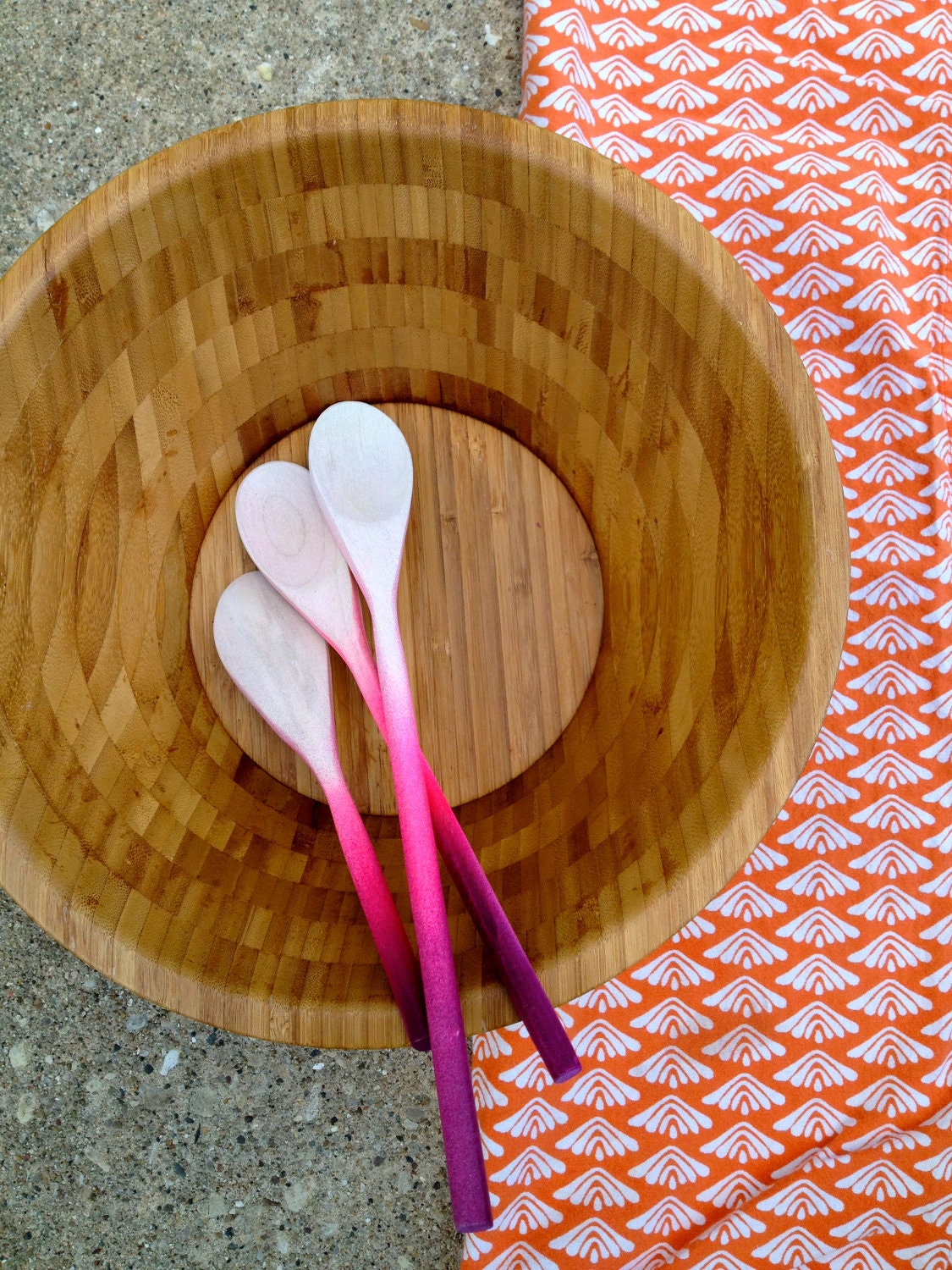 Set of three wooden ombre spoons in pinky purples