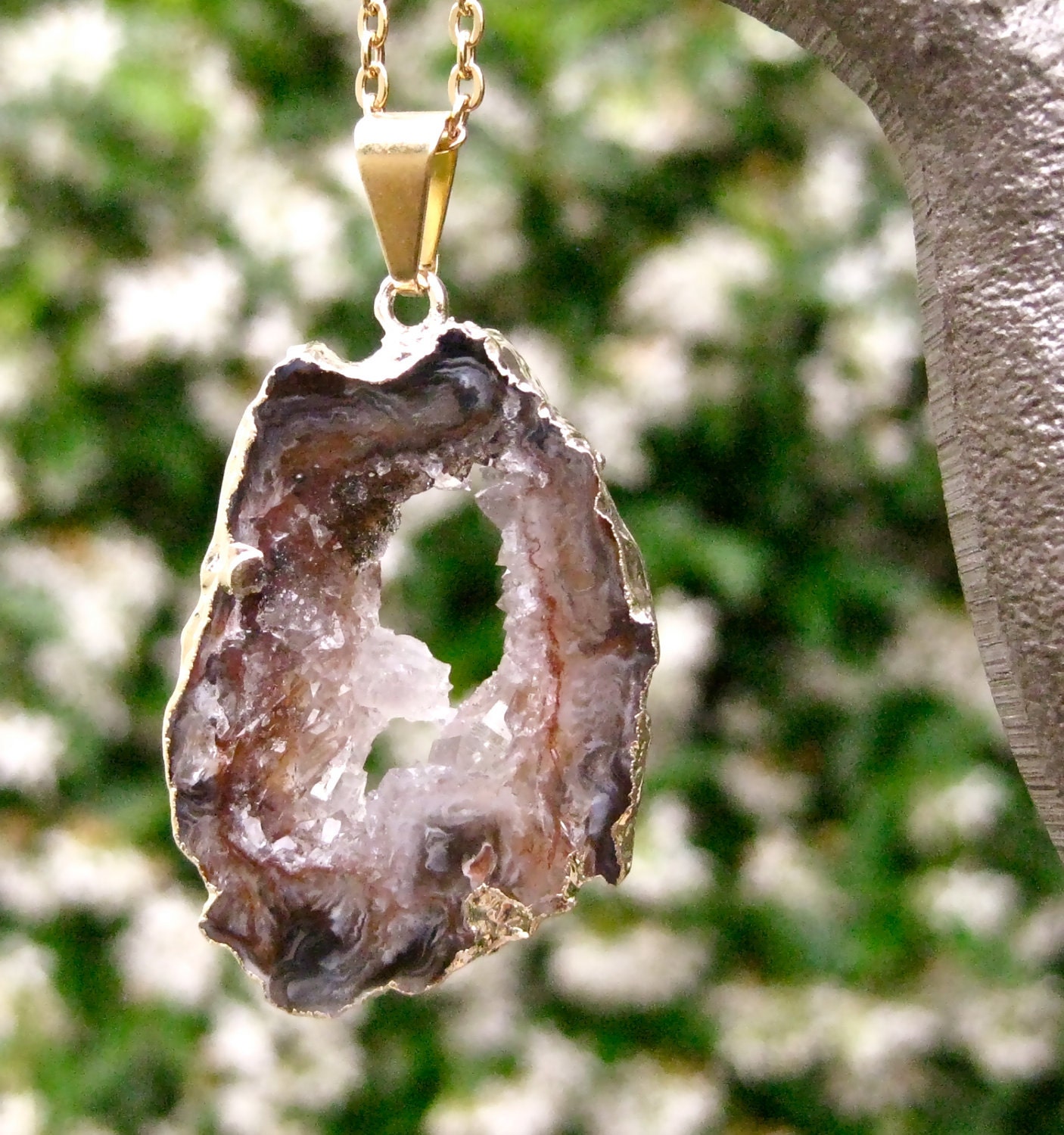 Sliced Chocolate Fire Druzy Agate Geode Pendant - Gold