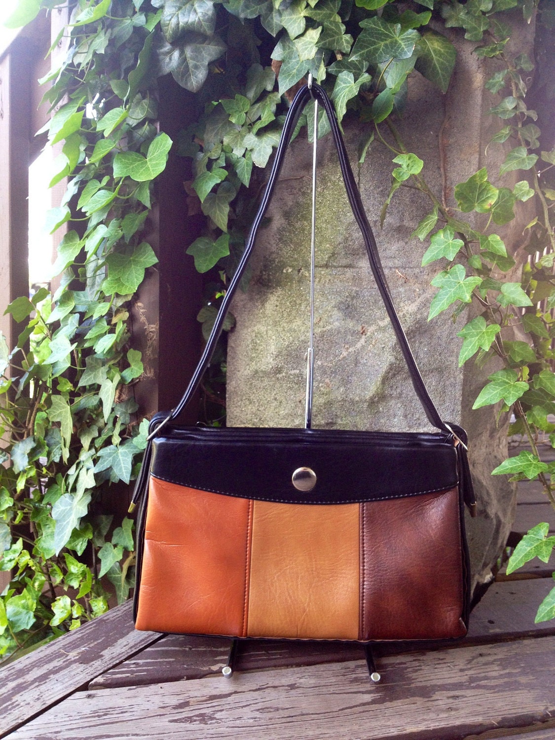 HOLIDAY SALE Vtg Vegan Camel Orange & Brown Faux Leather Shoulder Bag Handbag Purse Mod Retro Partridge Family