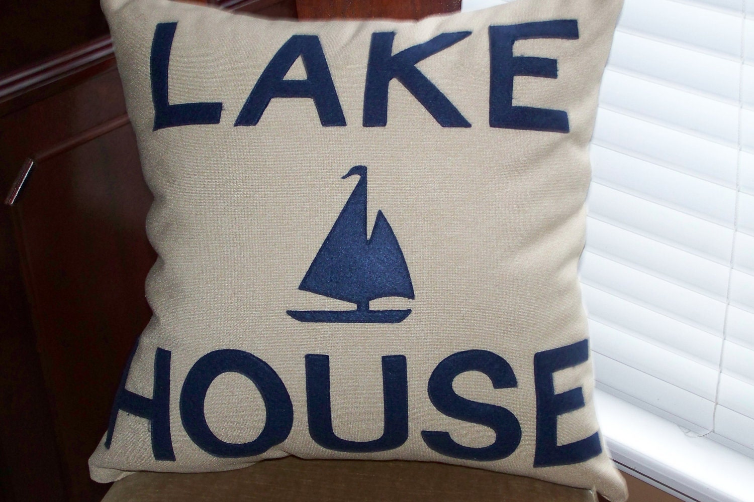 Lake House Decorative throw pillow with felt lettering 22 x 22 - DivinePillows