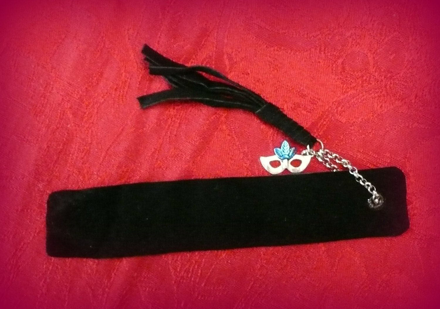 Fifty Shades of Grey inspired handmade leather Bookmark with leather flogger and silver tone mask charm.