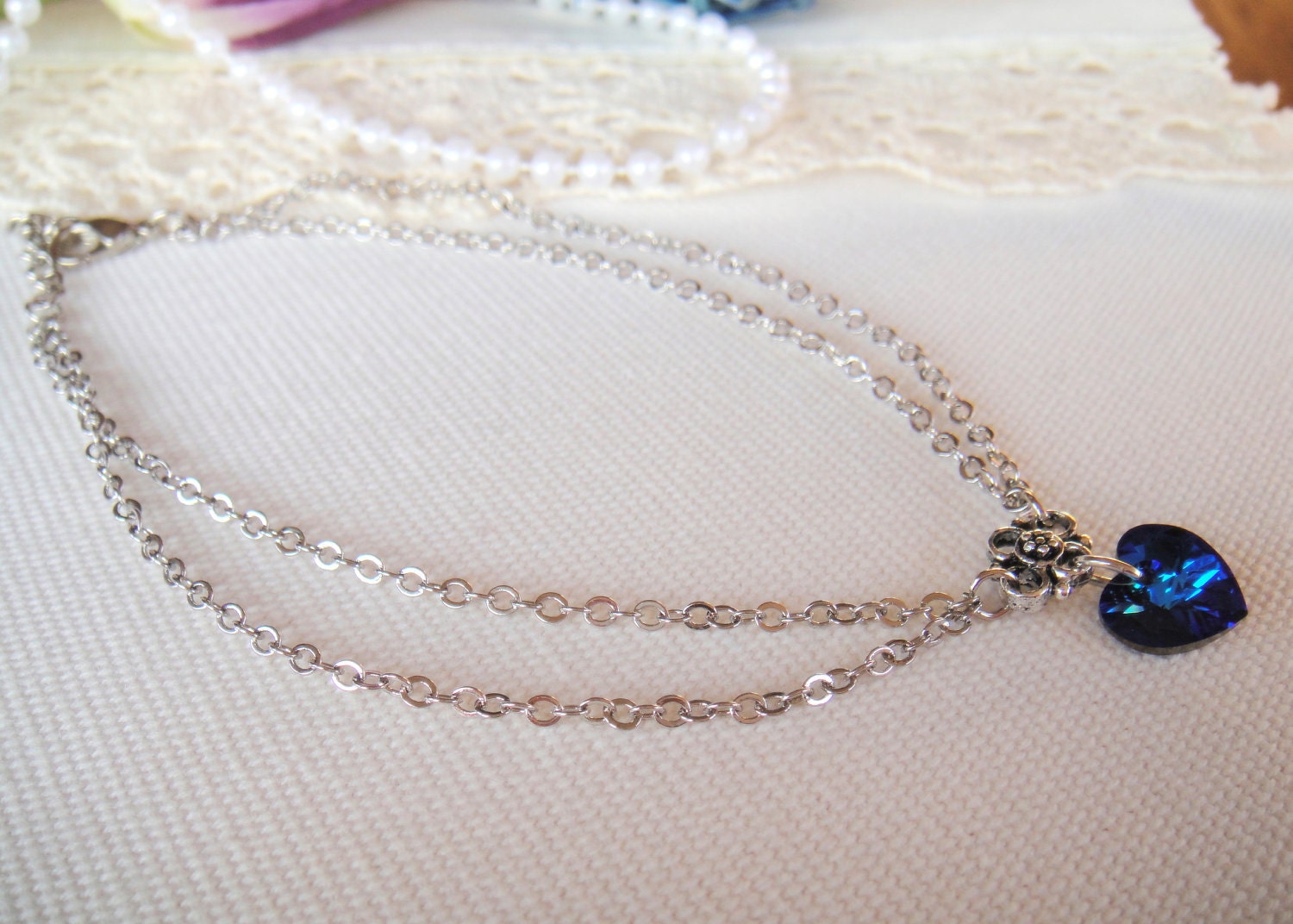 Double Chain Anklet with Swarovski Crystal Heart Pendant