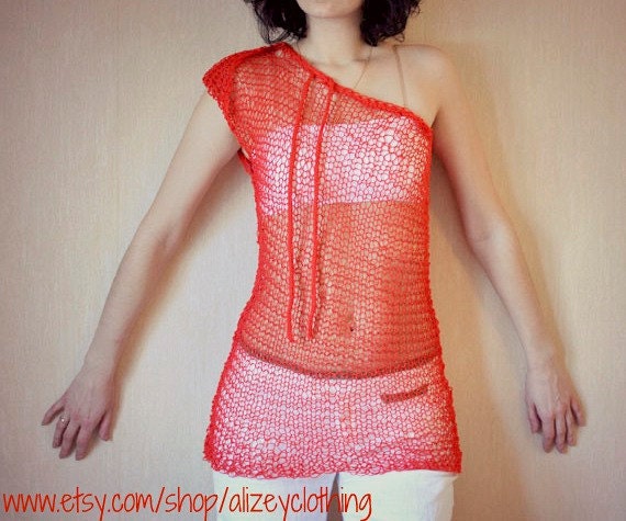 SALE 50% OFF / Red One Shoulder Summer Tunic / Women Cothing / Cover Up / Summer Wear / Beach Wear / Summer Knit Tank /  Shirt /