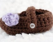 Mary Jane Baby Booties // Chocolate Brown with Lilac Flower // 0 to 3 months