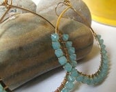 Gold Turquoise Crystal Teardrop Hoop Earrings-Hammered Handmade Jewelry
