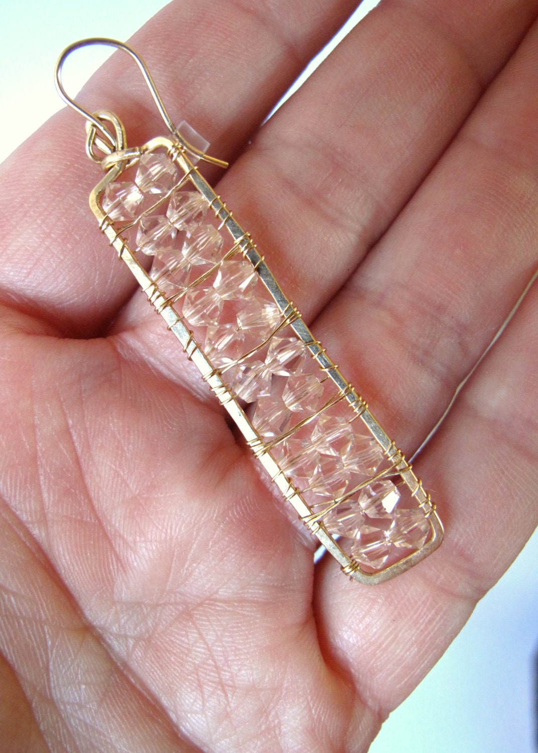 Hammered Gold Rectangle Earrings Wire Wrapped Crystal Handmade Jewelry
