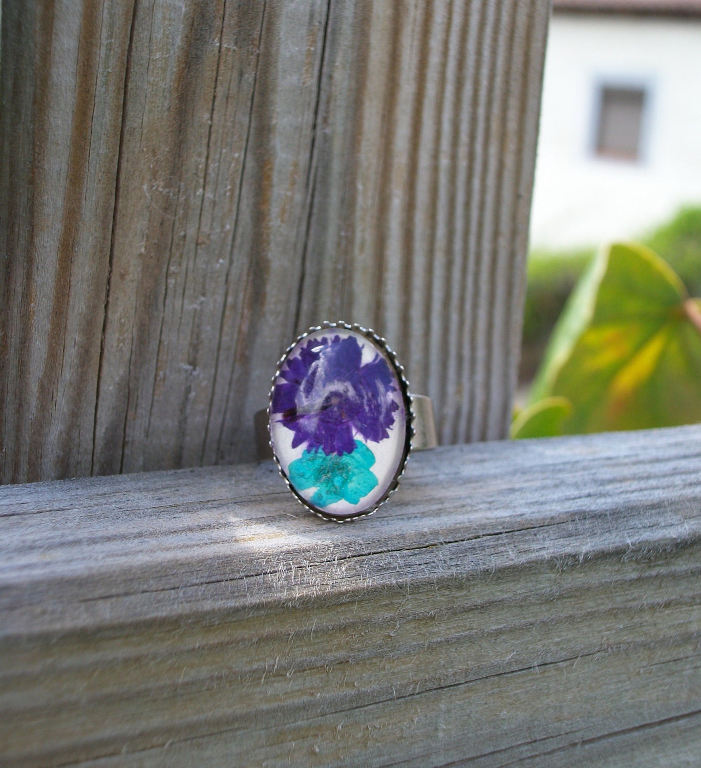 Adjustable antiqued ring with natural pressed real deep purple and mint pink flowers over beige leather - MissMayoShop