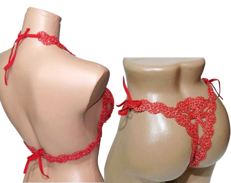 Knit lingerie set // Crochet adjustable lingerie set // Knit bra and bottom bikini set
