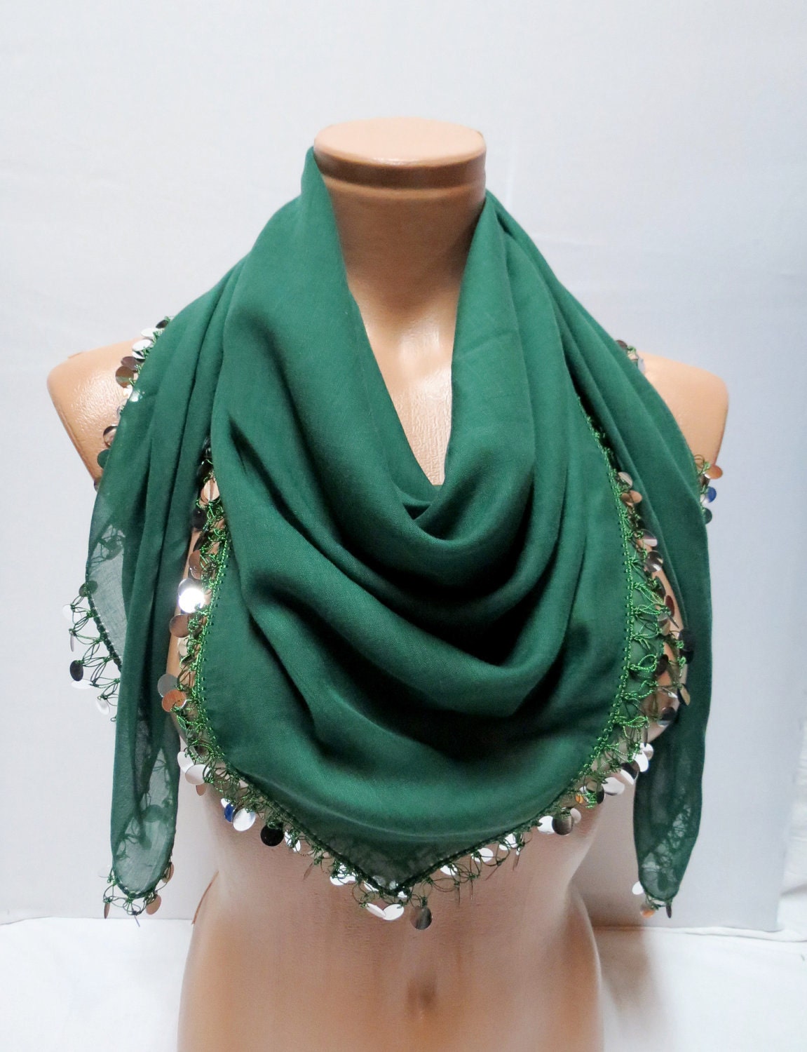 Bright sequined emerald green scarf, 2012 summer trends, cotton fabric scarf, Turkish cheesecloth, yemeni scarf, authentic, romantic,