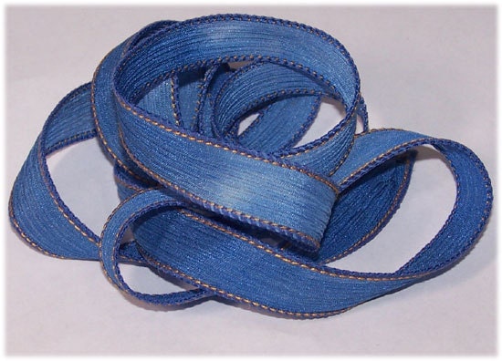 Hand Painted Silk Ribbon Vintage Denim Wrist Wrap Ribbon