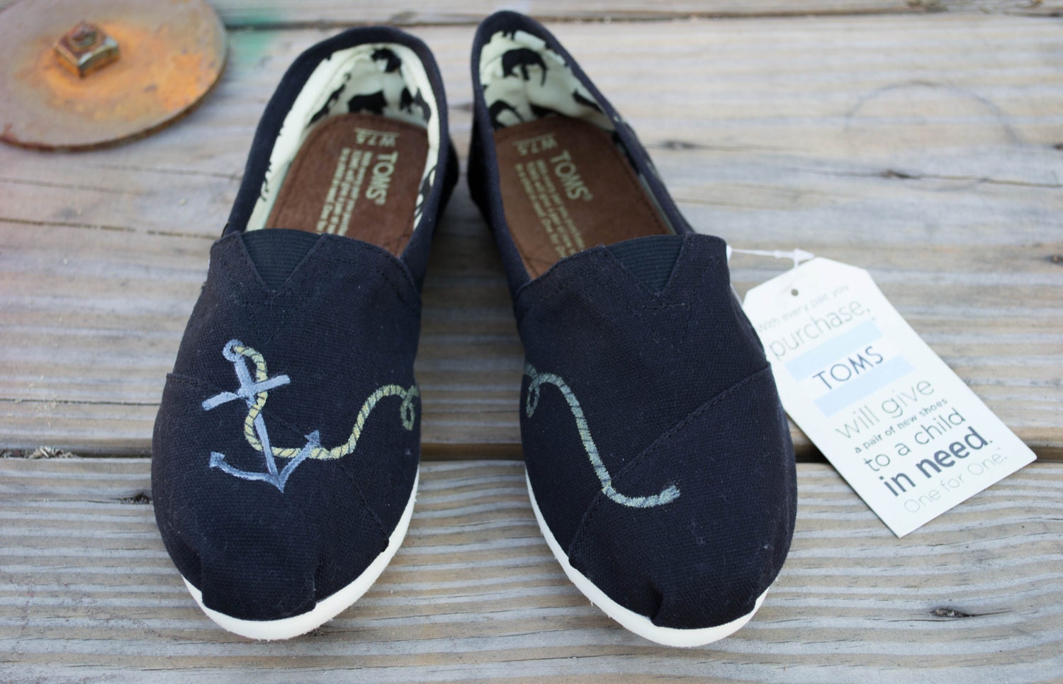 Hand Painted Toms Shoes - Black Anchor Design Painted Canvas Shoes Made to Order