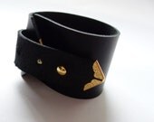 Black leather cuff bracelet wrap wristband with gold color copper snap and angles - unisex. rock and roll. punk. metal. gothic. cool. chic.